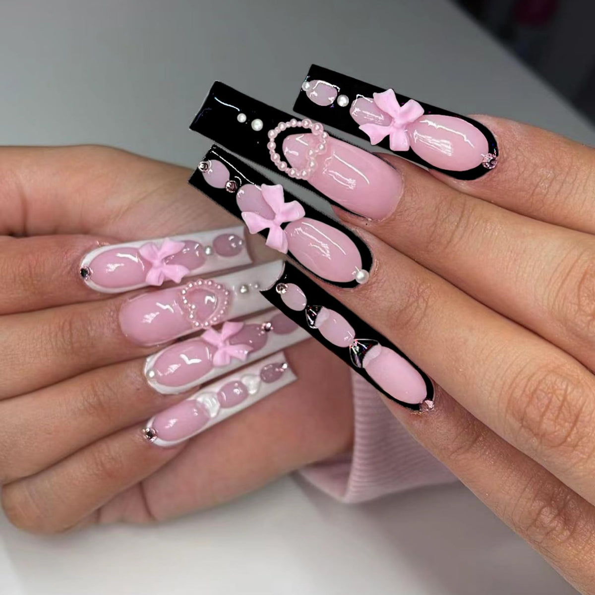 Long Square Press on Nails Bling Gold Chain & Crystal Nails,Fake Nails Artificial Stick on Nails for Women, Nude Pink Glam Prom Wedding Nails with Diamonds