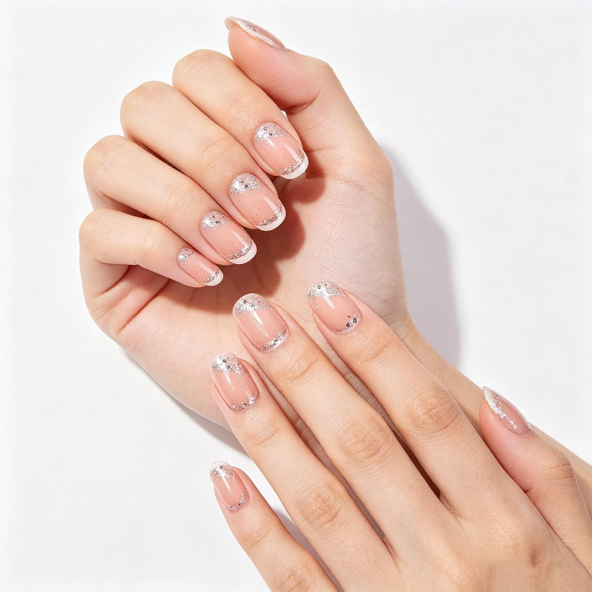 Press on Nails with Shimmer Design Glossy White French Tips Short Square False Nails Silver Glitter Fake Nail Nude Minimalist Stick on Fingernails Pink Glue on Nail for Women Bridal Daily Wear