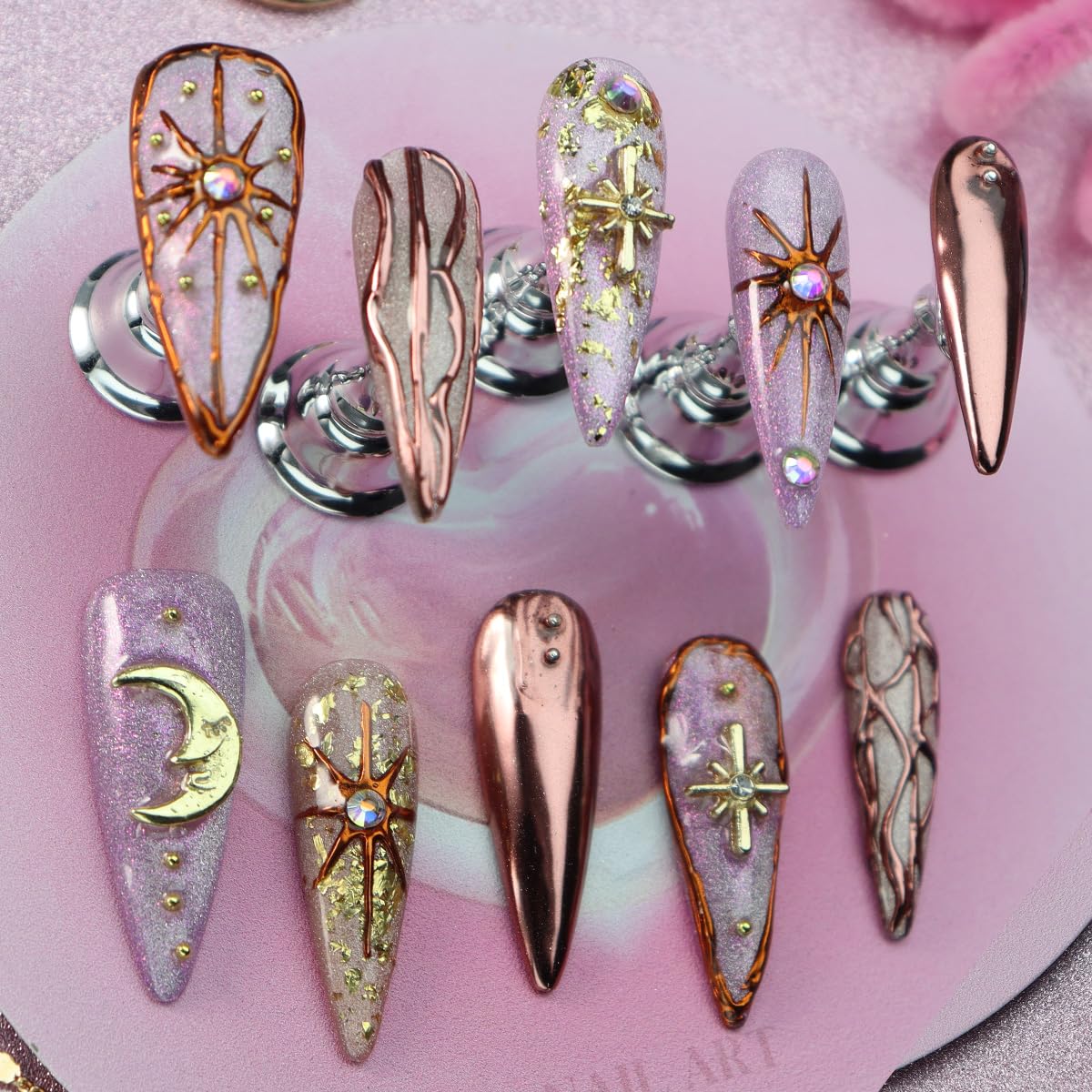 Star Moon Press on Nails Long Stiletto Fake Nails Pure Handcrafted Nail Mirror Effect Glue on Nails Glitter False Nail with Design Rhinestone Stick on Nail for Women Girls Luxury Manicure (M)