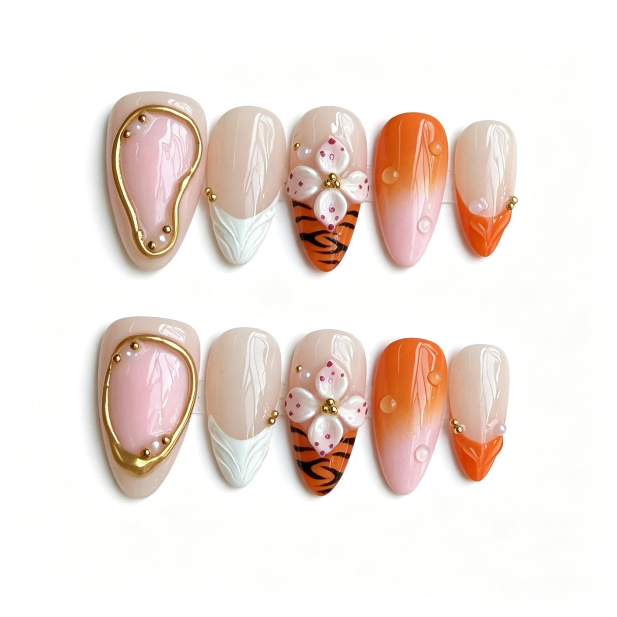 Handmade Press On Nails – Short Almond False Nails for Women, Reusable Acrylic White French Tip with Pearl & 3D Flowers Design – Salon Quality Fake Nails (10PCS Size S)