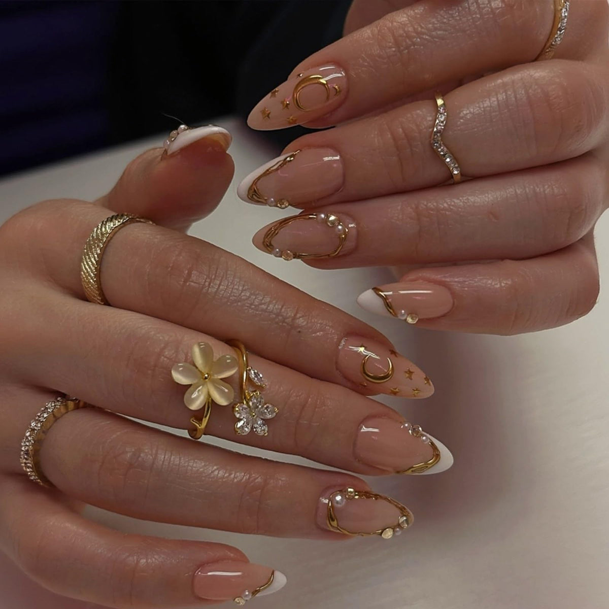 Almond Press on Nails Medium Fake Nails with 5D Metal Lines Charm Design Glossy Pink Nails Press on Curve Glue on Nails Reusable Luxury Silver Beads Acrylic Nail for Women 24Pcs