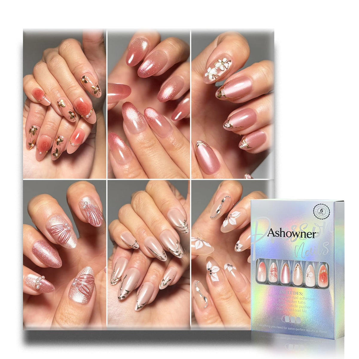Press on Nails, 6 Packs (144 Pcs) Medium Almond Sets, Wedding French