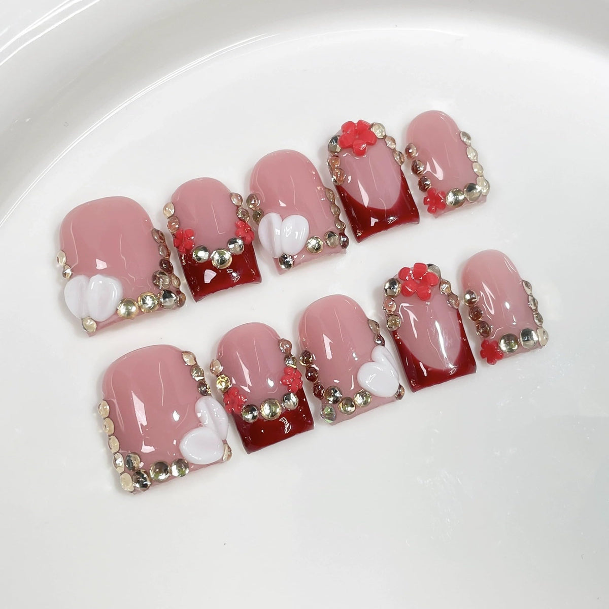 Luxury Handmade Press on Nails Medium Square Fake Nails Blue French False Nails with Ombre 3D Flower Art Design Acrylic Nails Handmade Stick on Nail for Women Manicure 10Pcs (Size M)