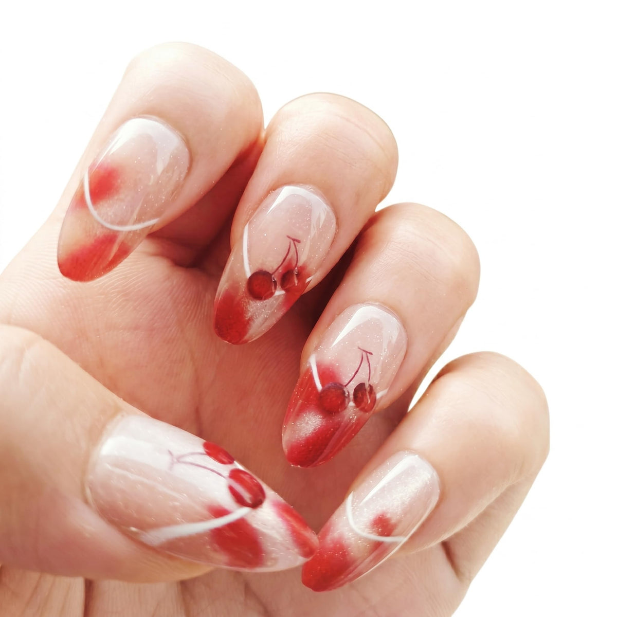 Glossy Nude Gold French Tip Press On Nails Short Almond, 30 PCS