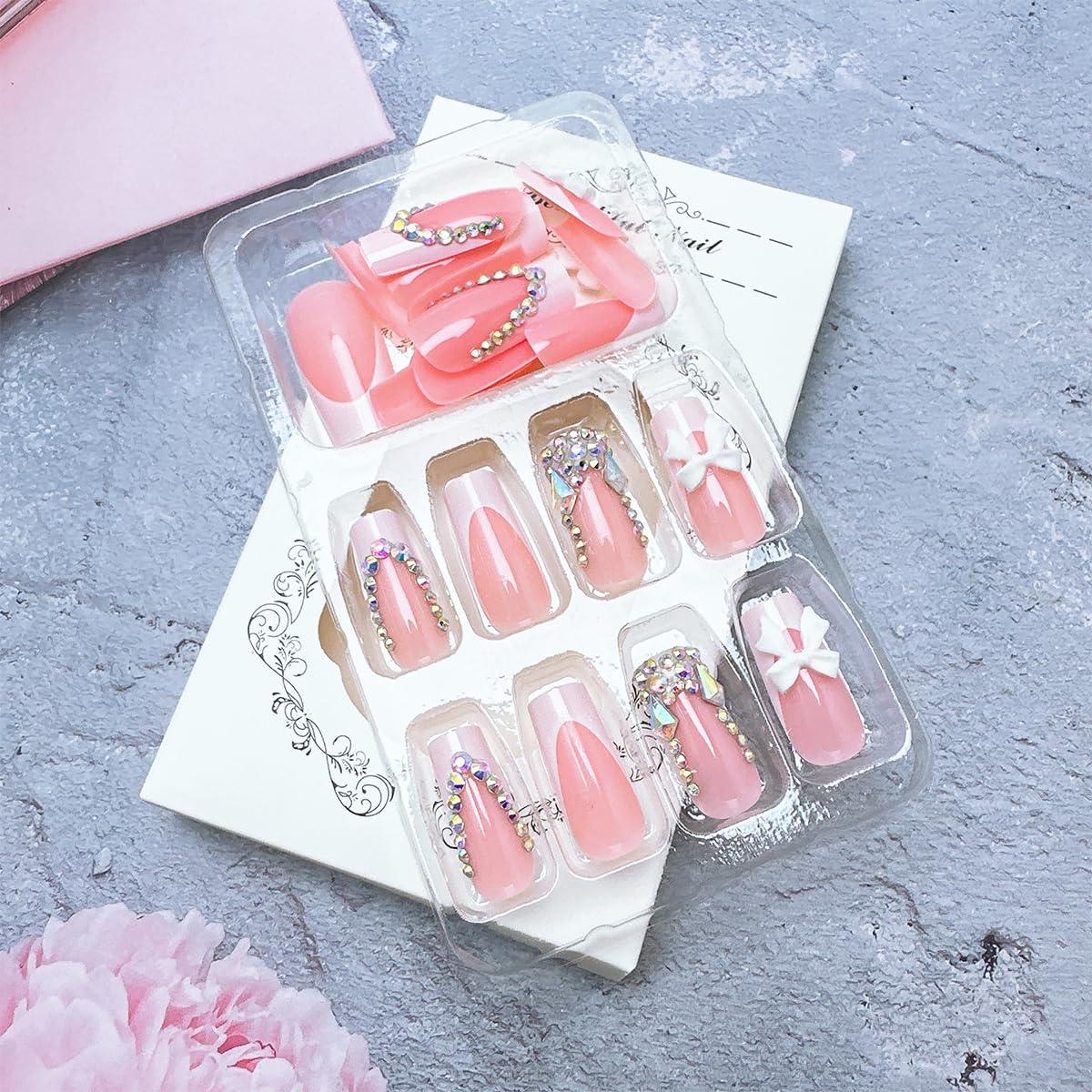 24 Pcs French Tip Press On Nails Long Coffin Almond Acrylic Full Cover Stick on Nails with Glitter Rhinestones Designs White Bow False Nails for Women Nail Art Decoration