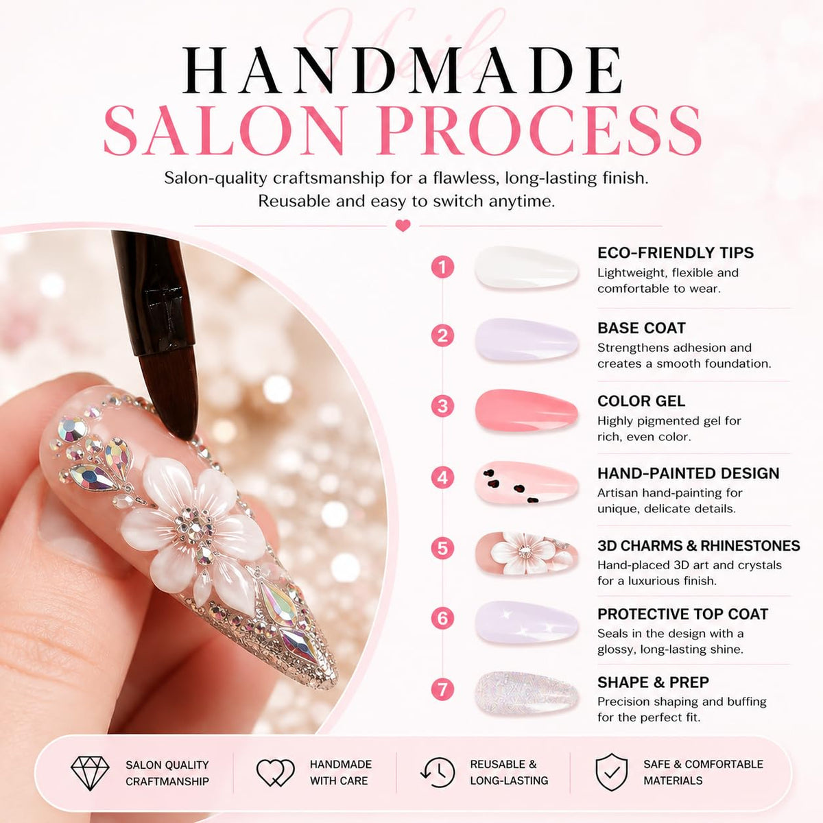 Handmade Press on Nails Long Stiletto - Liquid Gold Abstract Acrylic Fake Nails with Blue Shimmer & Colorful Gems, Luxury Reusable False Nails 10 pcs (Size M)