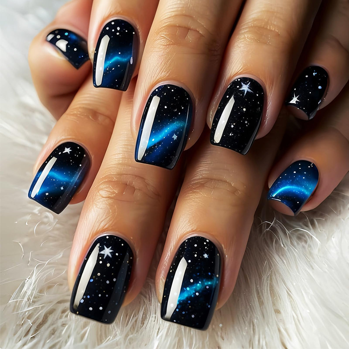 White French Tips Press on Nails 24Pcs Glossy Silver Glitter Acrylic Fake Nails Sparkly False Nail Milky Way Gel Glue on Nail Stars Stick on Medium Square Fingernails for Coquette Women Girls