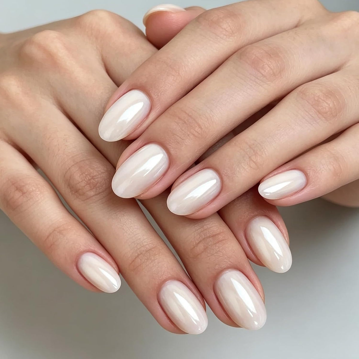 Pearl White Chrome Press on Nails Short Oval-Bling Glazed Design Chrome Glue on Nail, Salon Quality Shiny Full Cover Stick on Natural Fake Nail with Full Nail Kit for Women Bridal Wedding 32PCS