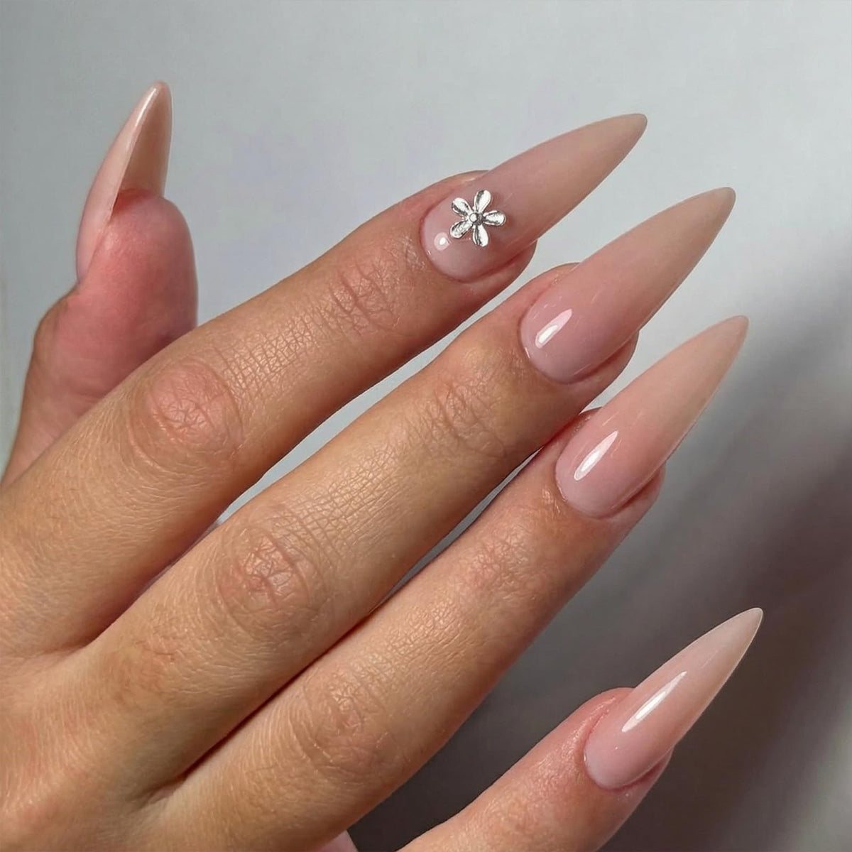 SINHOT Stiletto Press on Nails Long Fake Nails Glossy Glue on Nails Luxury Rhinestones Acrylic Nail White Bling Glitter Almond Artificial Nail Stick on False Nail with Design 24pcs