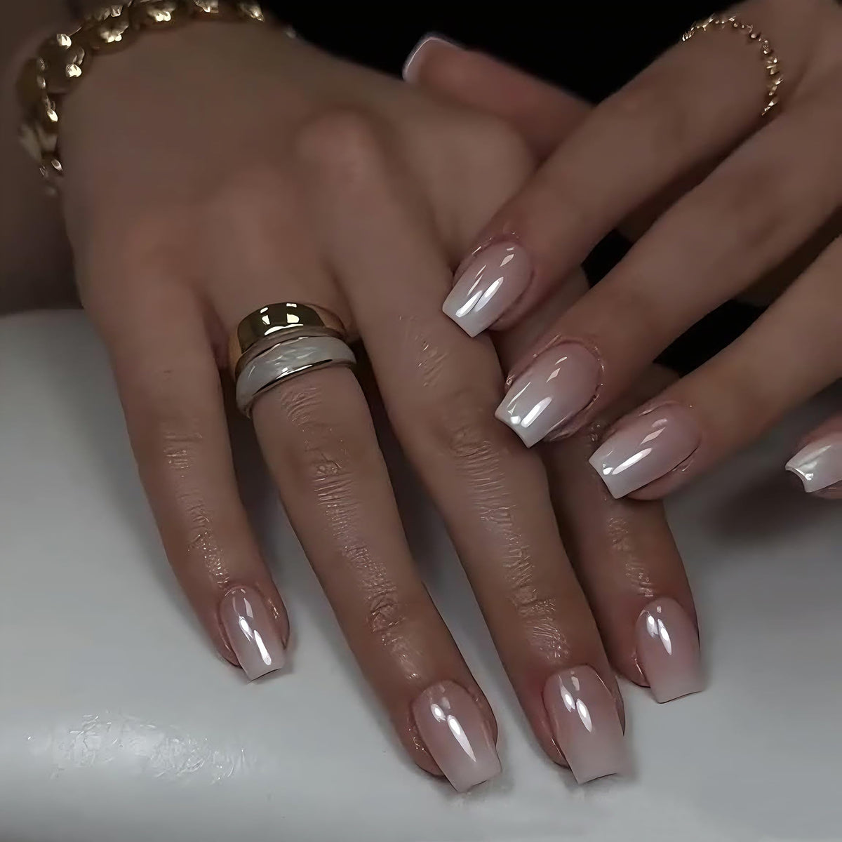 White French Tip Press On Nails Almond - KQueenest Chrome Press On Nails Medium, Glazed Natural Light Nude Fake Nails Press on, Reusable Glue on Nails Stick On Nail for Women Bridal Wedding