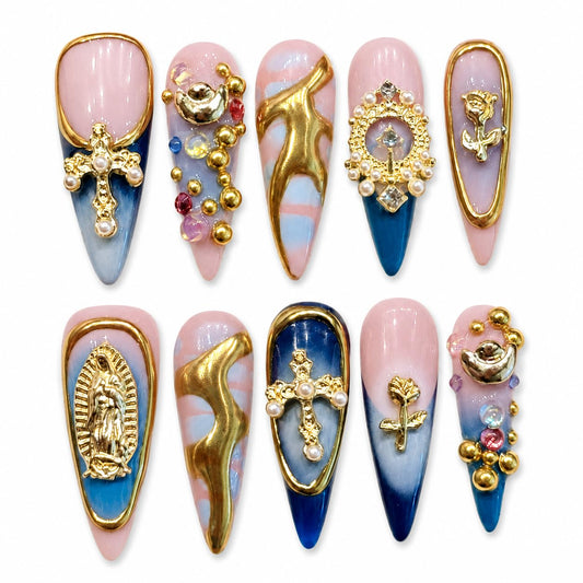Baroque Gold Charm Press on Nails, Pink Blue Luxury Long Stiletto