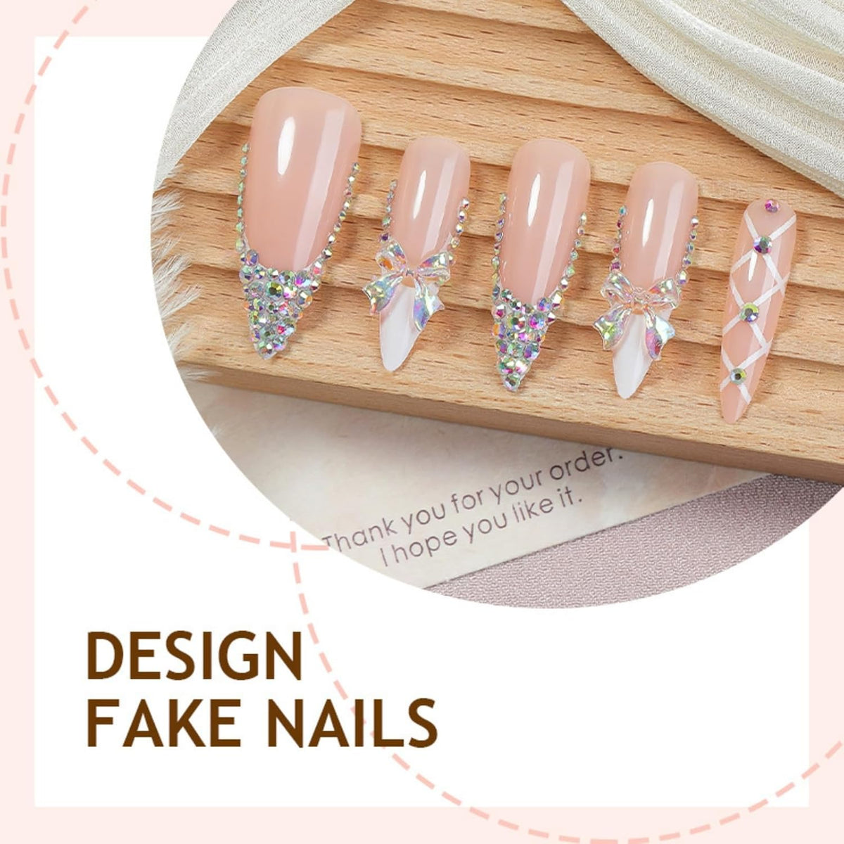 Rhinestone Press on Nails White French Tip Fake Nails with 3D Bow Design Glossy Full Cover Stick on Nail Sparkly Luxury Long Stiletto Nail Press ons for Women, 24Pcs
