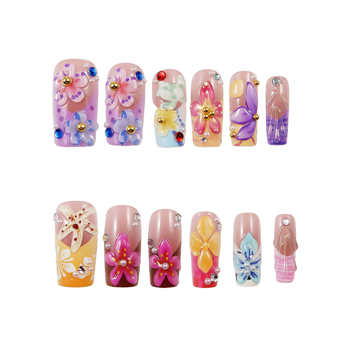 Medium Almond Press on Nails - 3D Gemstone & Gold Embossed Art, 24Pcs Reusable Fake Nails with Multi-layered gel polish finish, Salon level Fake Nails for Weddings, Parties, Special Events (ZF308)