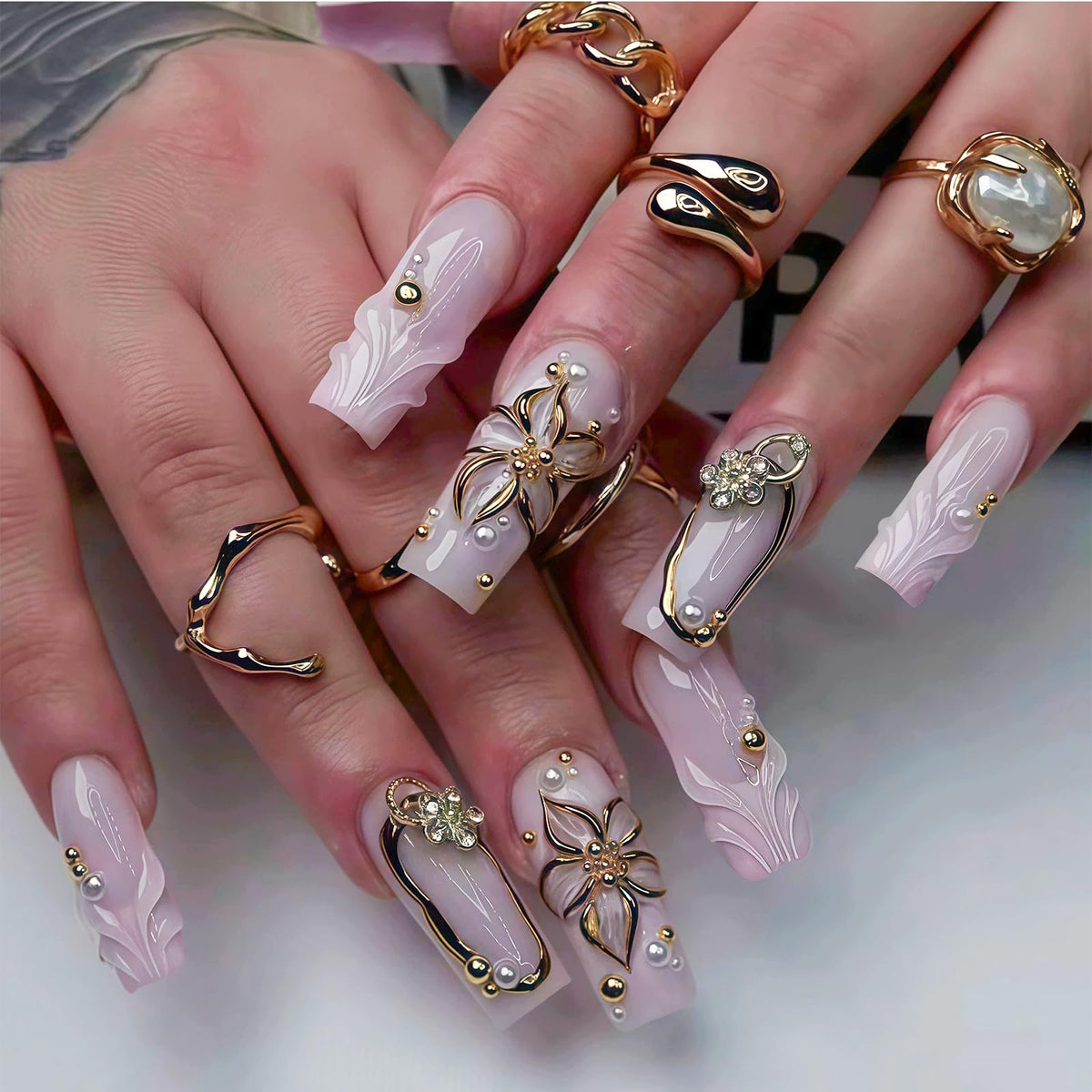 Press on Nails Long Square - 3D Flower Fake Nails with Pearls Design, Luxury Gold Chrome Butterfly French Tip Baroque Baddie False Nails for Women, 24 Pcs