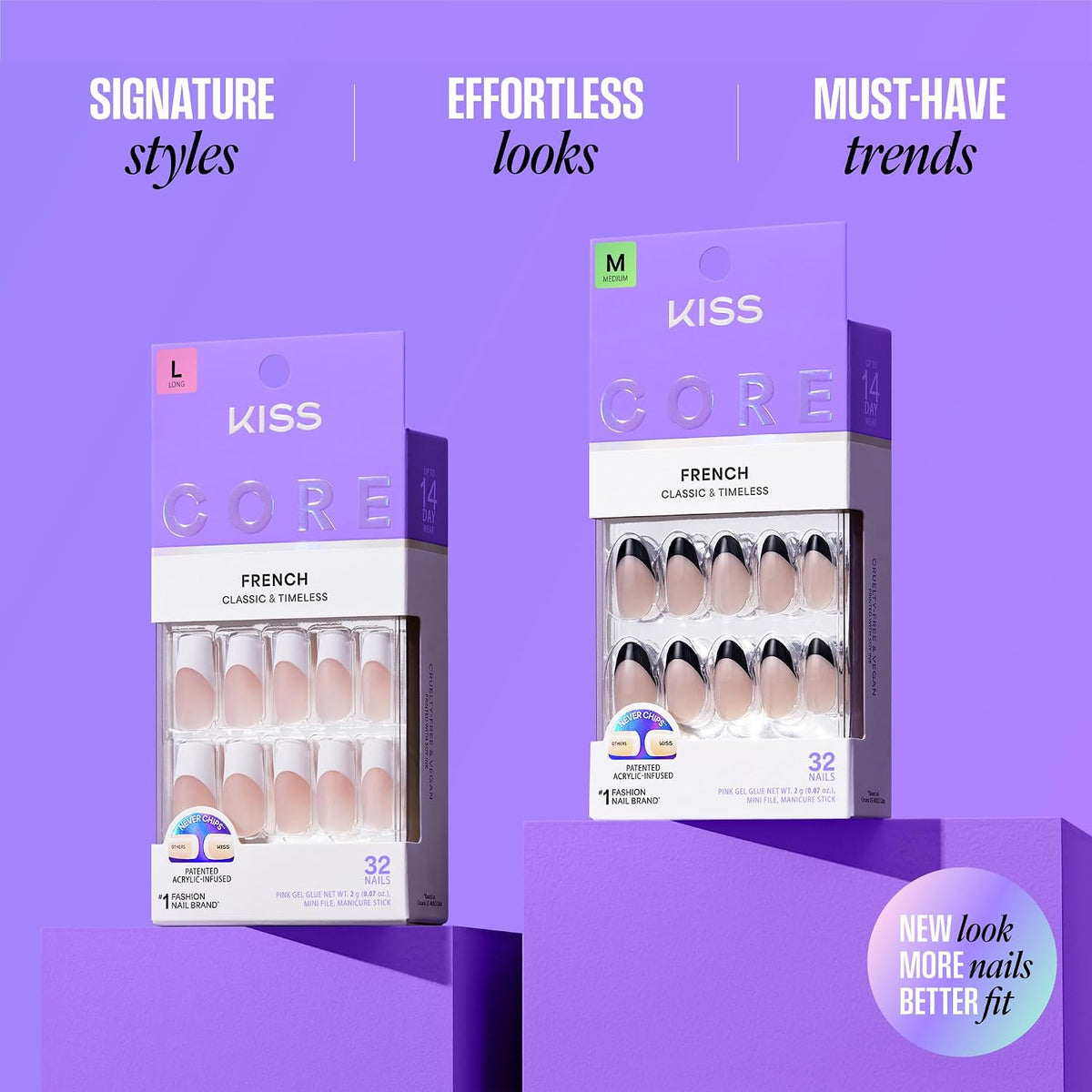 Kiss Core, Press On Nails, Nail glue included, 'Curiosity', White, Medium Size, Almond Shape, Includes 32 Nails, 2g Glue, 1 Manicure Stick, 1 Mini File