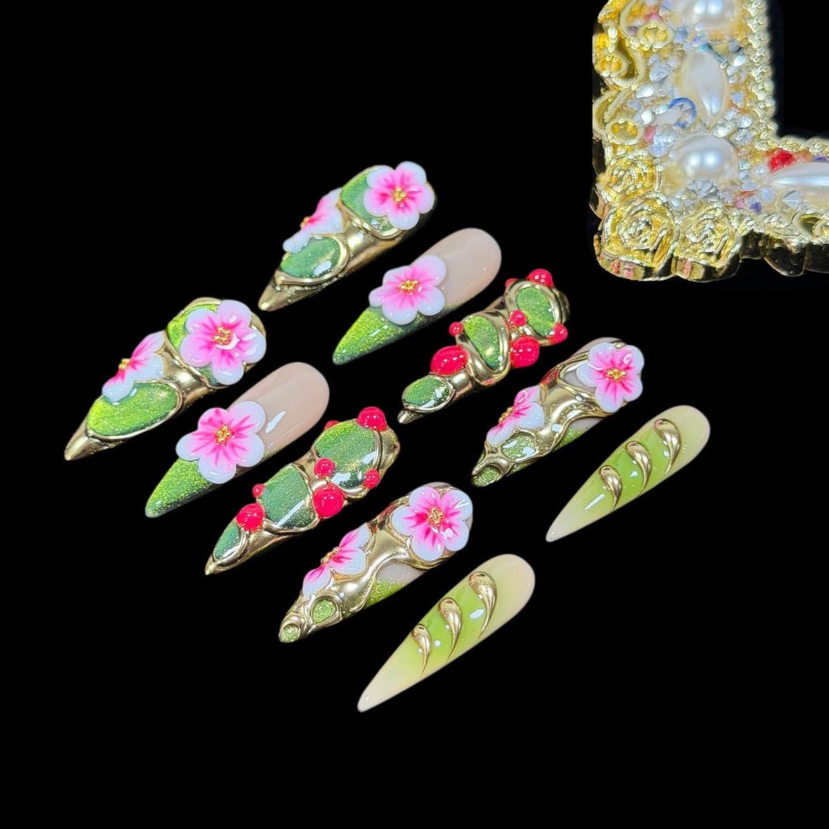Handmade Luxury Floral Press On Nails Elven Forest (M)