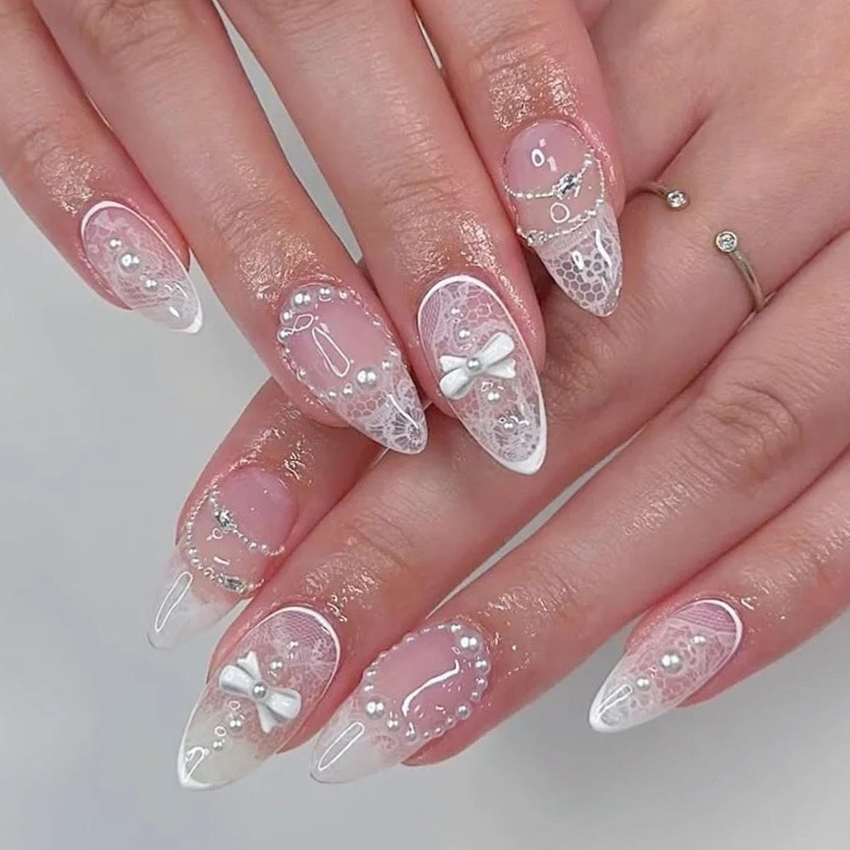 Spring Press on Nails Almond Medium Fake Nails with White Flower Designs French Tip Nails Press ons Light Green False Nails Glossy Glue on Nails Acrylic Nails Nude Stick on Nails for Women 24Pcs
