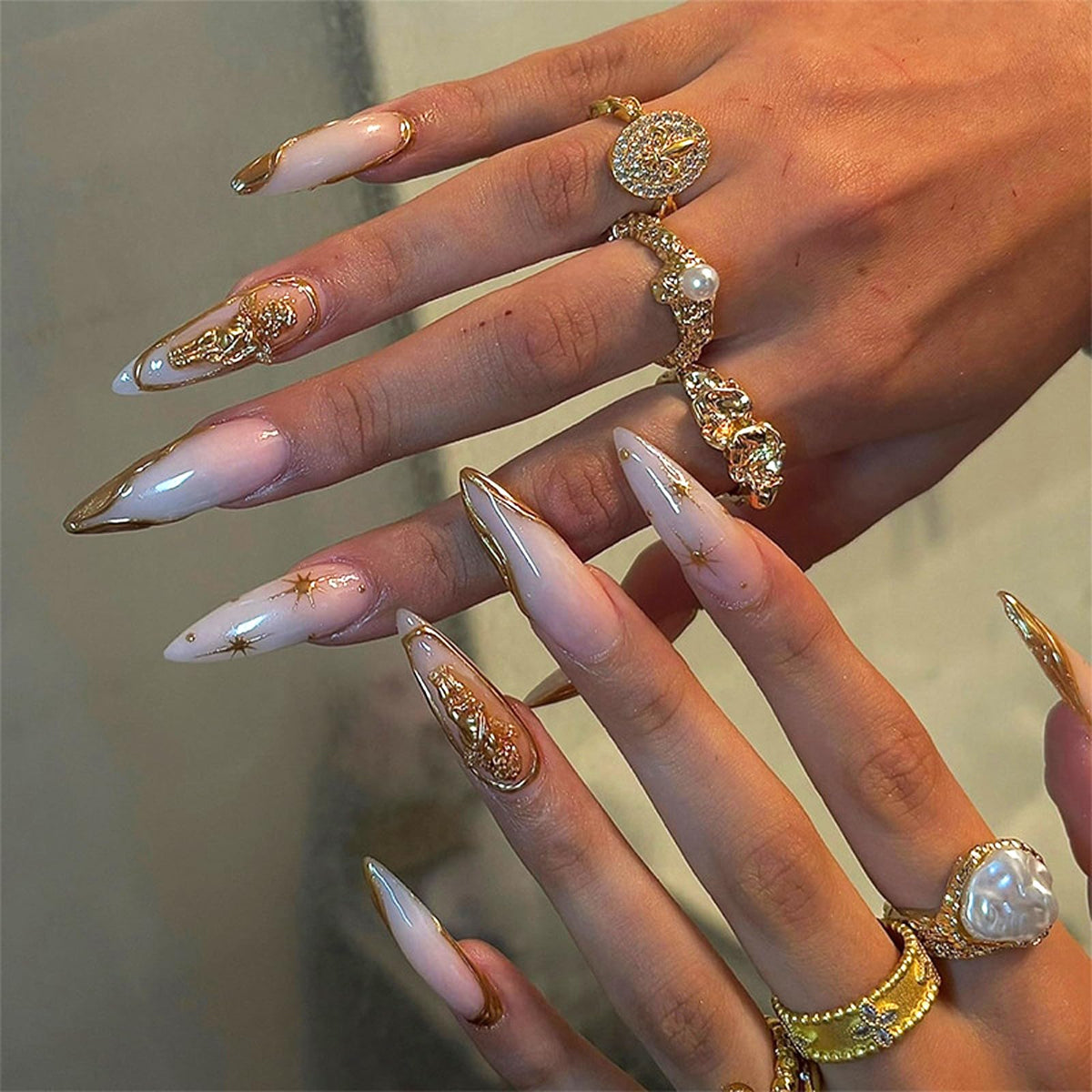 IMRAIN Long Press on Nails Stiletto Pink Fake Nails Rhinestone & Flower Designs Glossy Glue on Acrylic Nails Full Cover Luxury Bling Handmade Stick on False Nails for Women 24Pcs