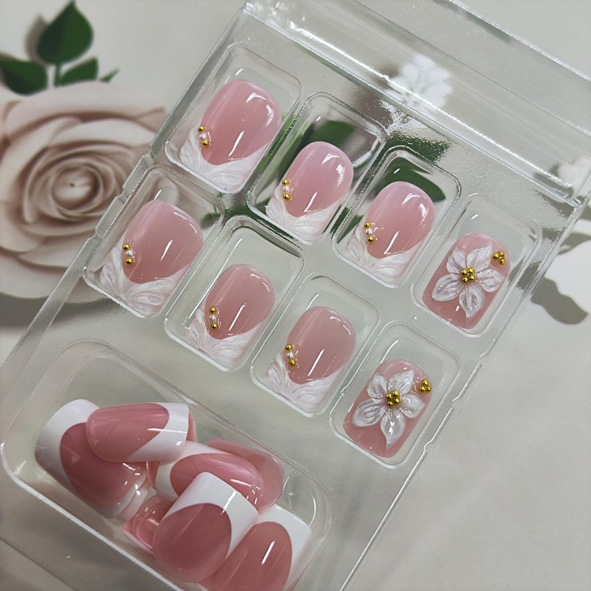 Short Square Press on Nails Flower White French Tip Fake Nails with 3D Floral Gold Bead Designs Glossy Reusable Full Cover Stick on False Nail Set for Women 24 Pcs