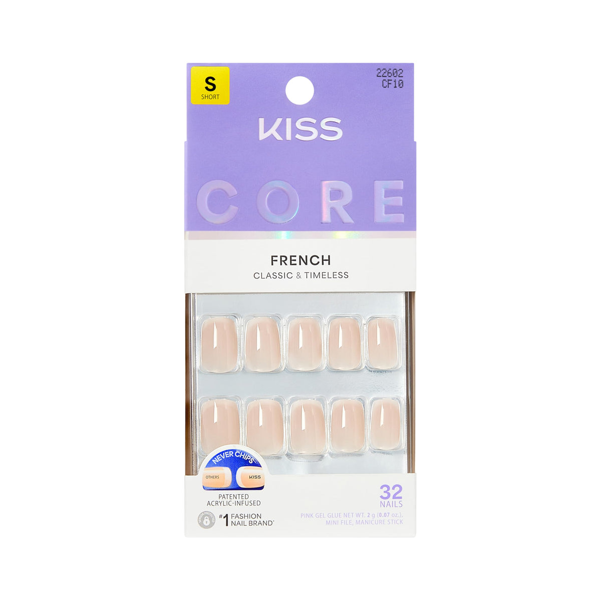 Kiss Core, Press On Nails, Nail glue included, 'Curiosity', White, Medium Size, Almond Shape, Includes 32 Nails, 2g Glue, 1 Manicure Stick, 1 Mini File