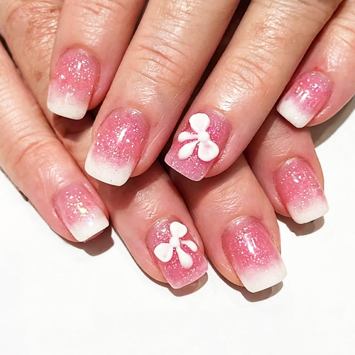 Press on Nails with Shimmer Design Glossy White French Tips Short Square False Nails Silver Glitter Fake Nail Nude Minimalist Stick on Fingernails Pink Glue on Nail for Women Bridal Daily Wear