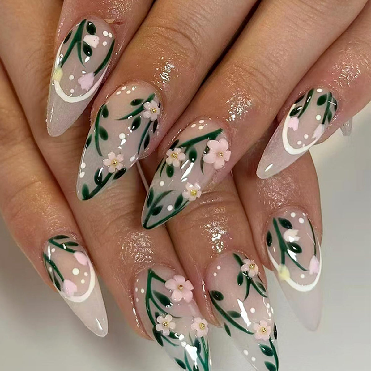 Tyuimhx White French Tip Press on Nails Medium Almond Fake Nail Rhinestones False Nails Glossy Full Cover Stick on Nail Acrylic Artificial Glue on Nail for Women 24 Pcs