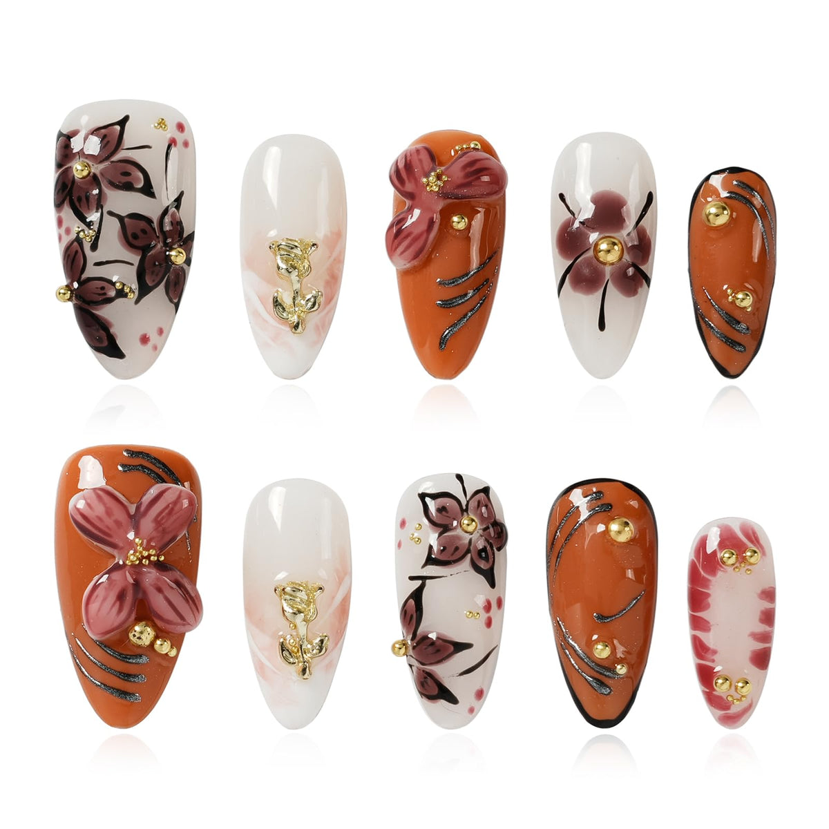 Gothic 3D Floral Press on Nails Medium Almond - Gold Cross & Rhinestone Design, Handmade Pearl Luxury Dark Romantic Reusable Nails (Orange Diamond Sweet Luxury,L)