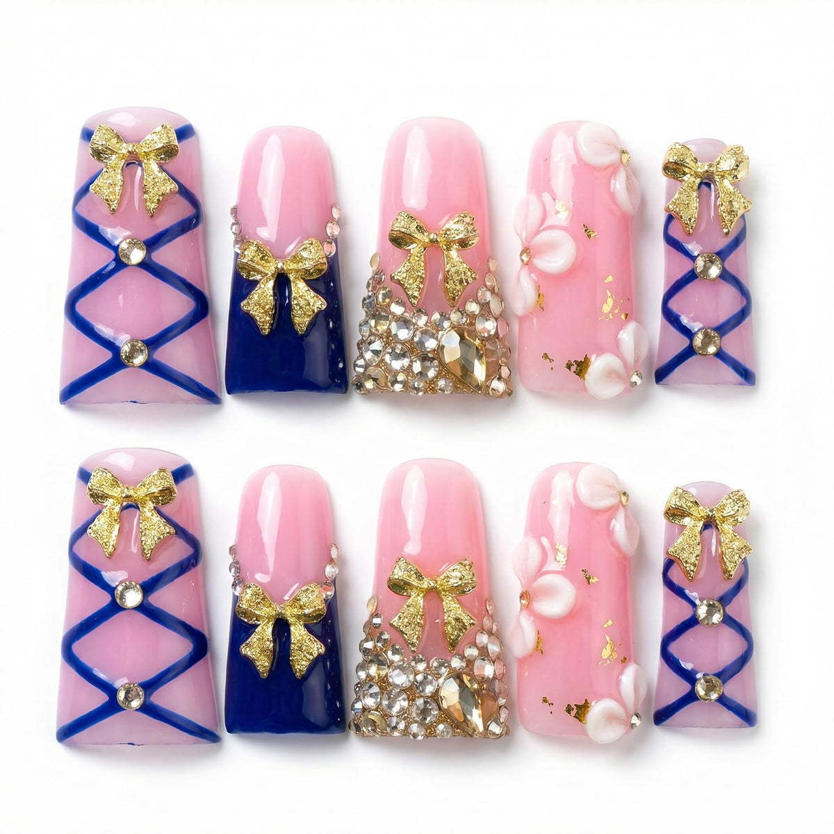Handmade Long Duck Press on Nails - Luxury Crystal French Tip False Nails with Rhinestones, Diamond Jelly Pink Fake Nails, 10 Pack Gel Nails for Women (Size M)