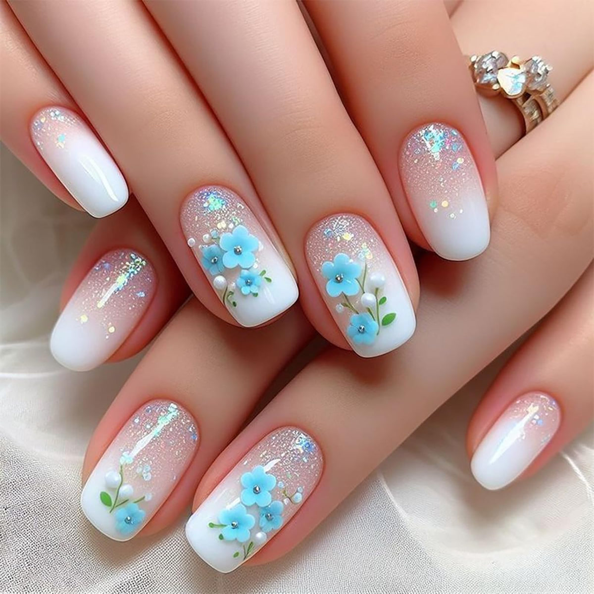 24Pcs Long Square Nude Pink White Nails Press ons Pearl Gold Flower Fake Nails Elegant False Nails Bridal Nails Glue on Luxurious Stick on Nails Casual Work for Girl Women Wedding Formal Occasions