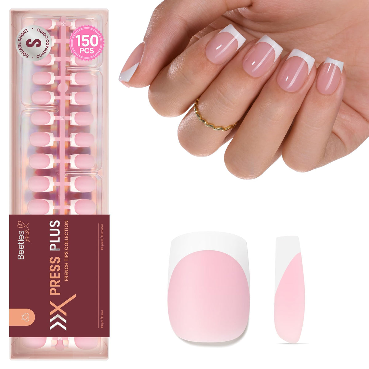 Beetles French Tips Press On Nails - Short Square 150 Pcs