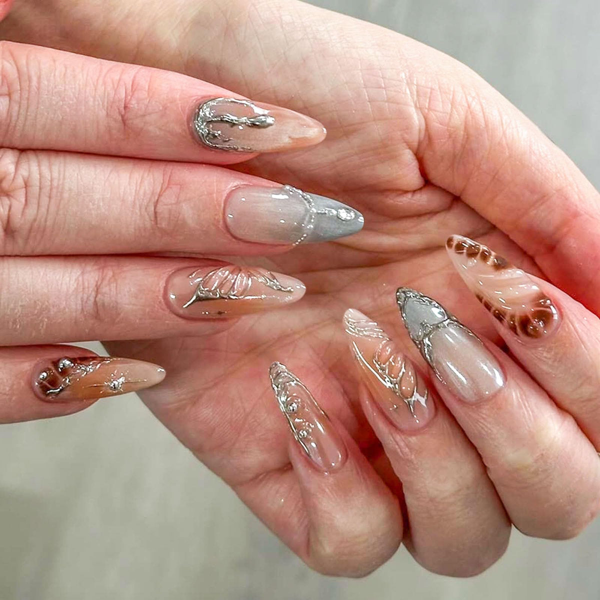 Spring Press on Nails Almond Medium Fake Nails with White Flower Designs French Tip Nails Press ons Light Green False Nails Glossy Glue on Nails Acrylic Nails Nude Stick on Nails for Women 24Pcs