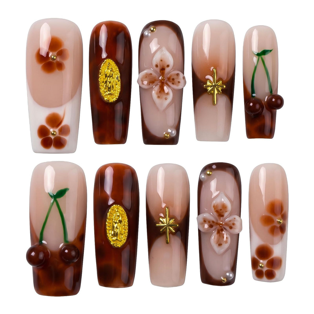 Handmade Press on Nails XL Long Square - Extra Long Orange French Acrylic Fake Nails with 3D Sculpted & Luxury Crystal Gems, Luxury Baddie Reusable False Nails 10 Pack (Size M)