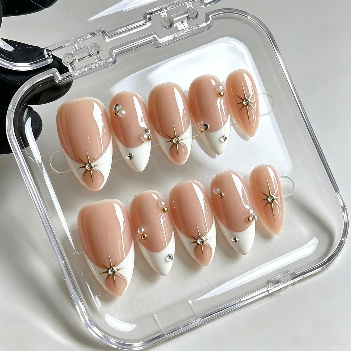 Handmade Press on Nails Gold Beads Almond Fake Nails 10Pcs(Size M)
