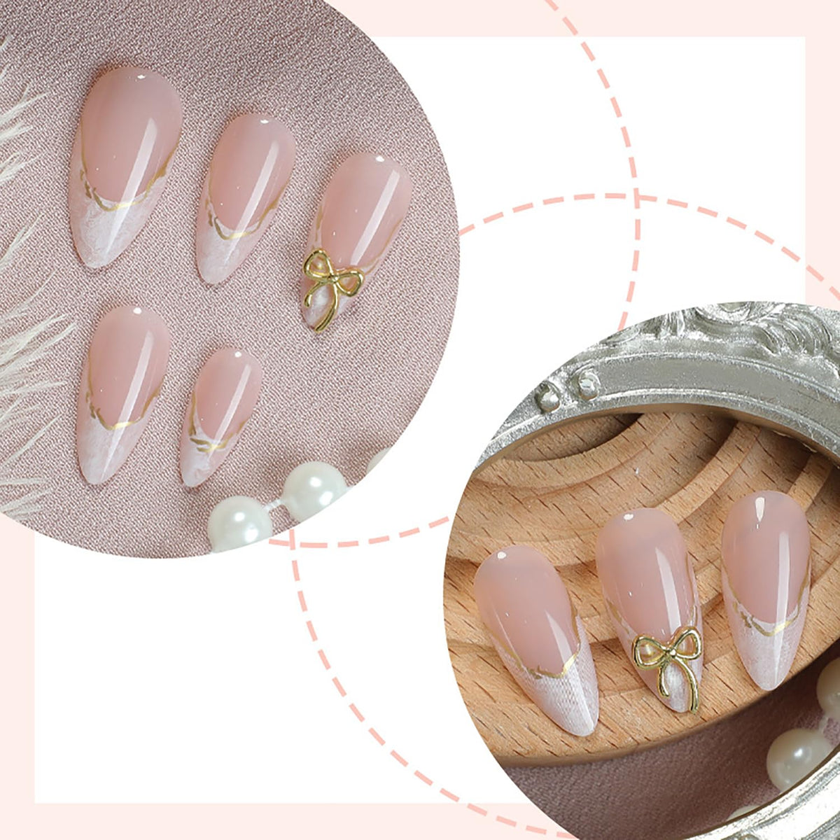 24Pcs Almond Press on Nails Medium Length White French Tip Fake Nails with Gold Lines Designs 3D Bow Acrylic Nails Reusable Cute False Nail Set Nude Glossy French Full Cover Glue on Nails for Women