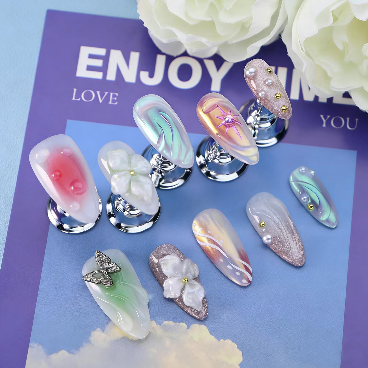 Star Moon Press on Nails Long Stiletto Fake Nails Pure Handcrafted Nail Mirror Effect Glue on Nails Glitter False Nail with Design Rhinestone Stick on Nail for Women Girls Luxury Manicure (M)