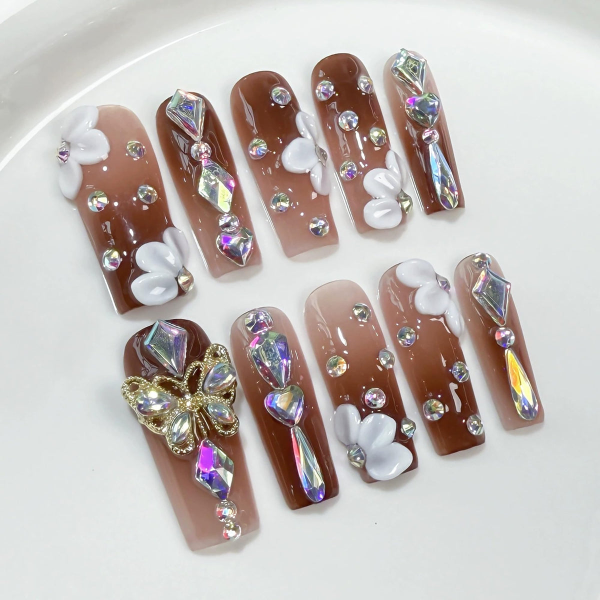 Luxury Handmade Press on Nails Long Coffin Fake Nails Rhinestone Crystal Full Cover False Nails with Glue with Designs Sparkly Long Acrylic Nail Reusable Stick on Nail for Women 10Pcs(Size M)