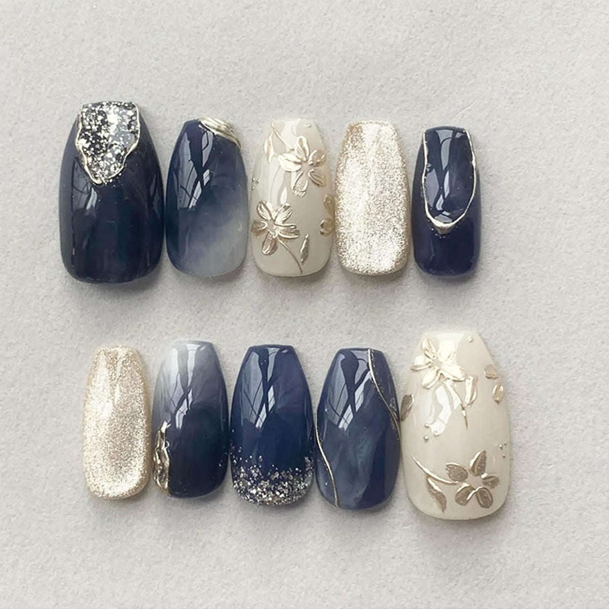 Green Press on Nails Medium Almond Fake Nails with 3D Pearl Rhinestones Designs Gold French Tips Flower Acrylic Nails False Nails White Floral Full Cover Glossy Stick on Nails for Women 24Pcs