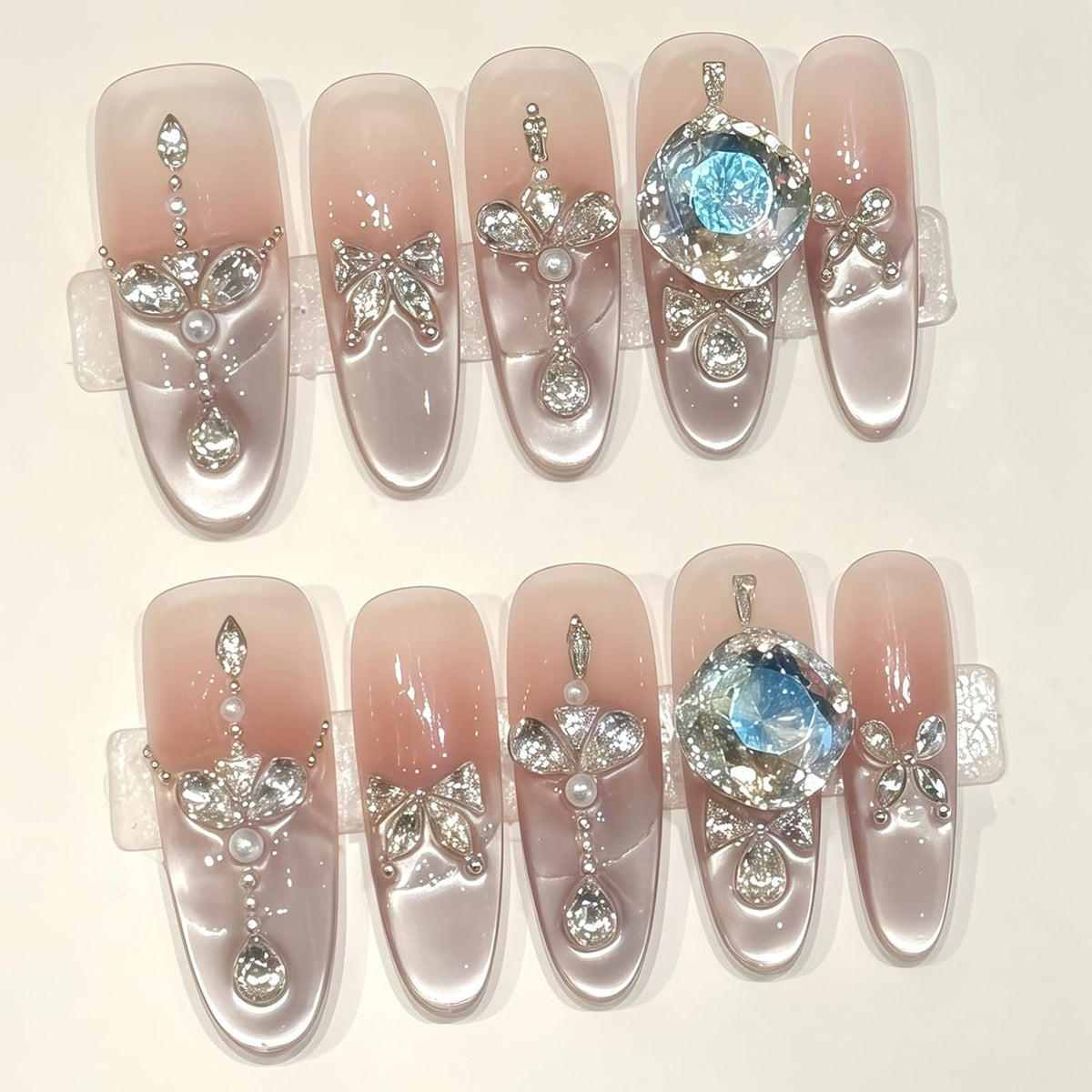 Nude Jelly Press on Nails Long Coffin, Handmade Luxury Rhinestone False Nails with Crystal & Pearl, Glossy Nude Ballerina Fake Nails Reusable Stick On Nails Set for Women 10Pcs