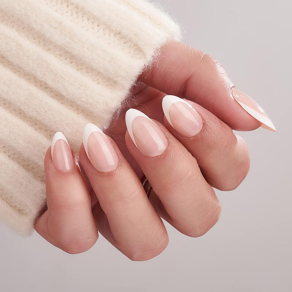 BTArtbox Press On Nails, Short Almond French Tip Nails, 32 Pcs Full Kit
