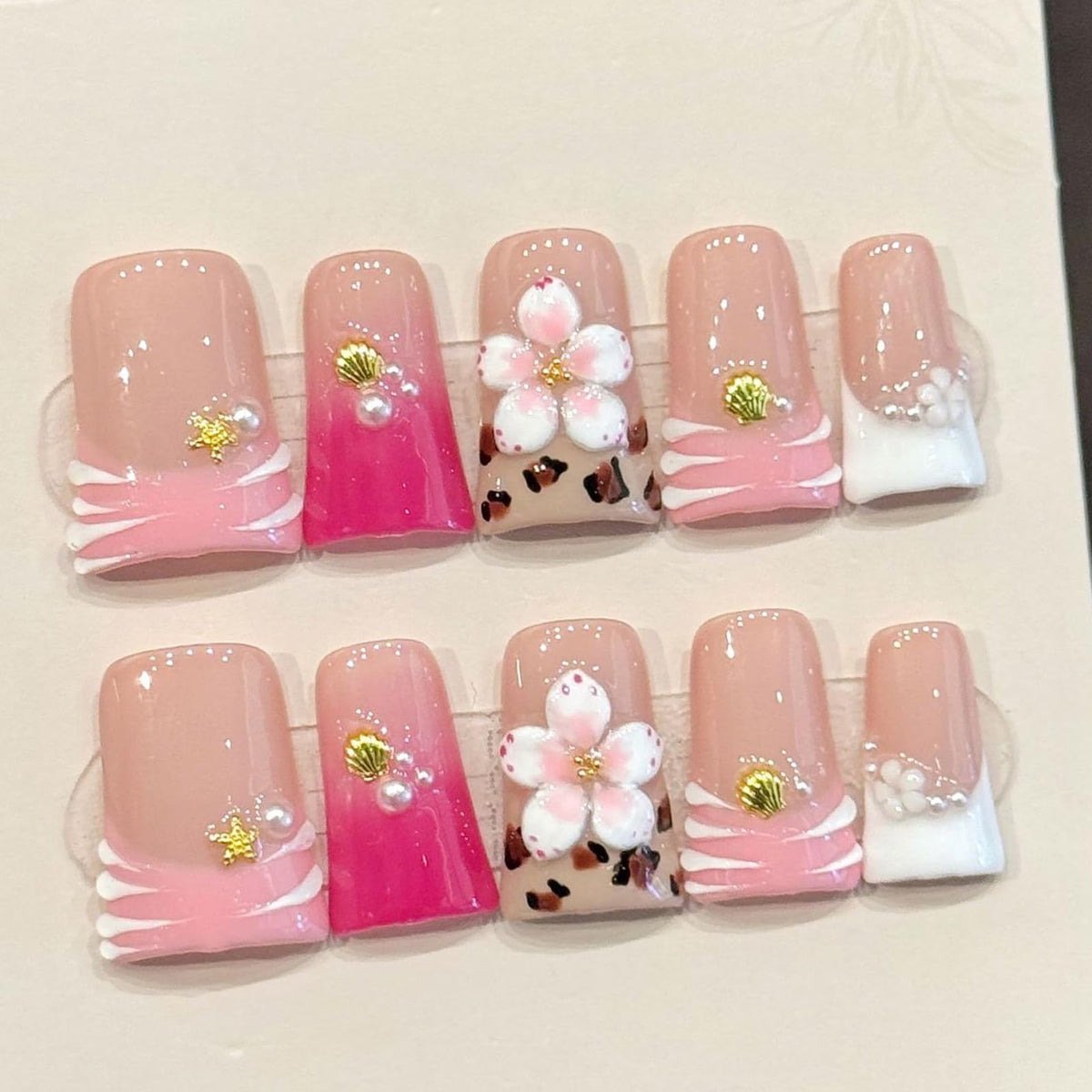 Nude Jelly Press on Nails Long Coffin, Handmade Luxury Rhinestone False Nails with Crystal & Pearl, Glossy Nude Ballerina Fake Nails Reusable Stick On Nails Set for Women 10Pcs