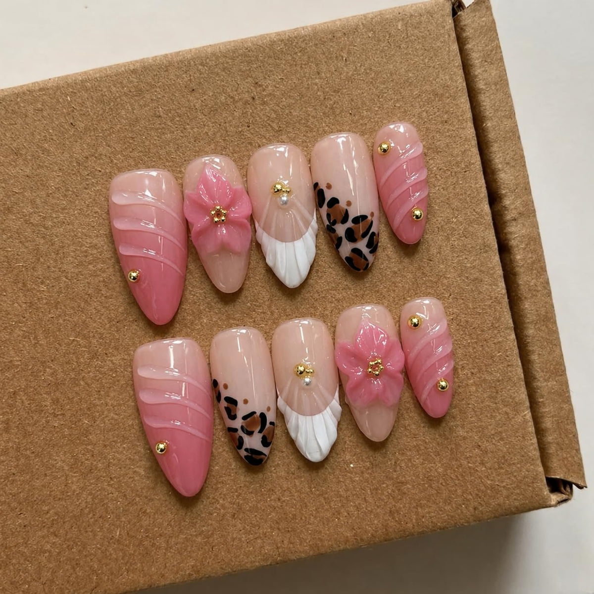 Handmade Almond Press on Nails Medium, Nude White French Tip Fake Nails with 3D White Flower Gold Metal Lines Pearl Decor, Glossy Reusable Full Cover False Nails for Women Wedding Daily(S)