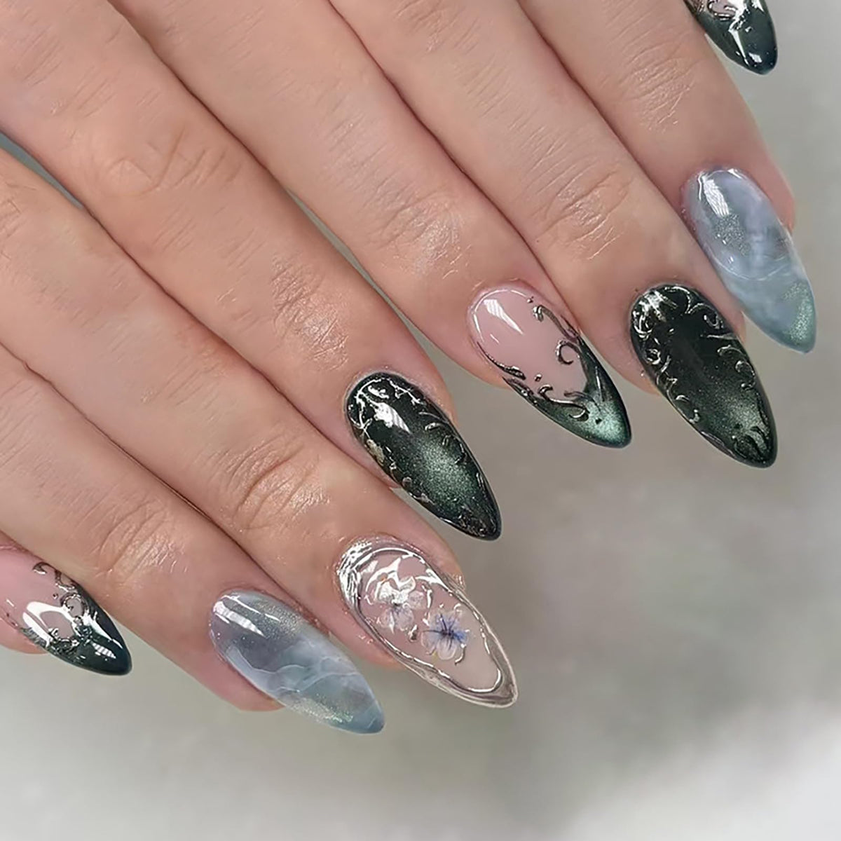 Summer Press on Nails Almond Pink Floral Shell Pearl Gold Dot Fake Women
