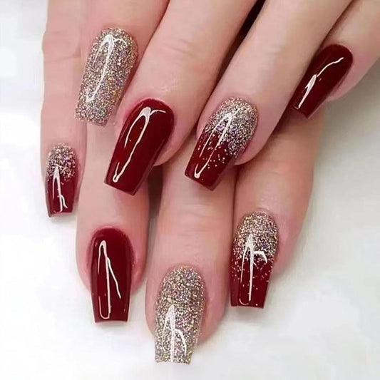 Wedding Shiny Red Wine Color Press On Nails, Mid Size Fake Nails, Bride's Best Fake Nails with Shiny luster and Gold Powder, Detachable Acrylic Nails and Suitable for Women and Girl's Nail Art, 24 PCS