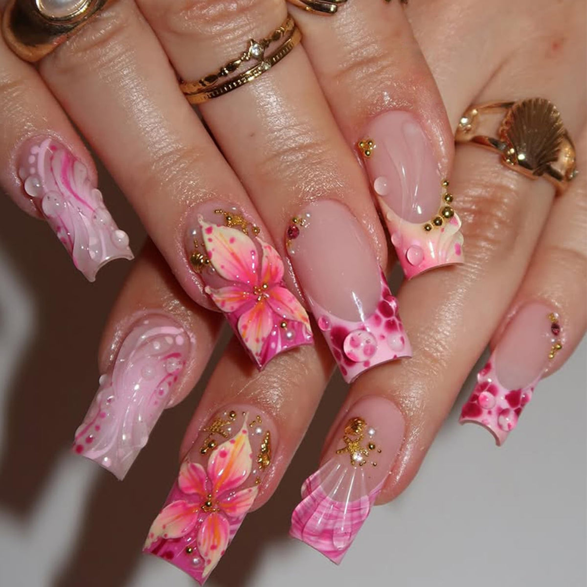 24Pcs White French Tip Press on Nails Medium Almond Fake Nails with Silver Rhinestones with Nude Pink Full Cover Glue on Nails French Designs 3D Flower False Nails Cute Spring Stick on Nails for Women
