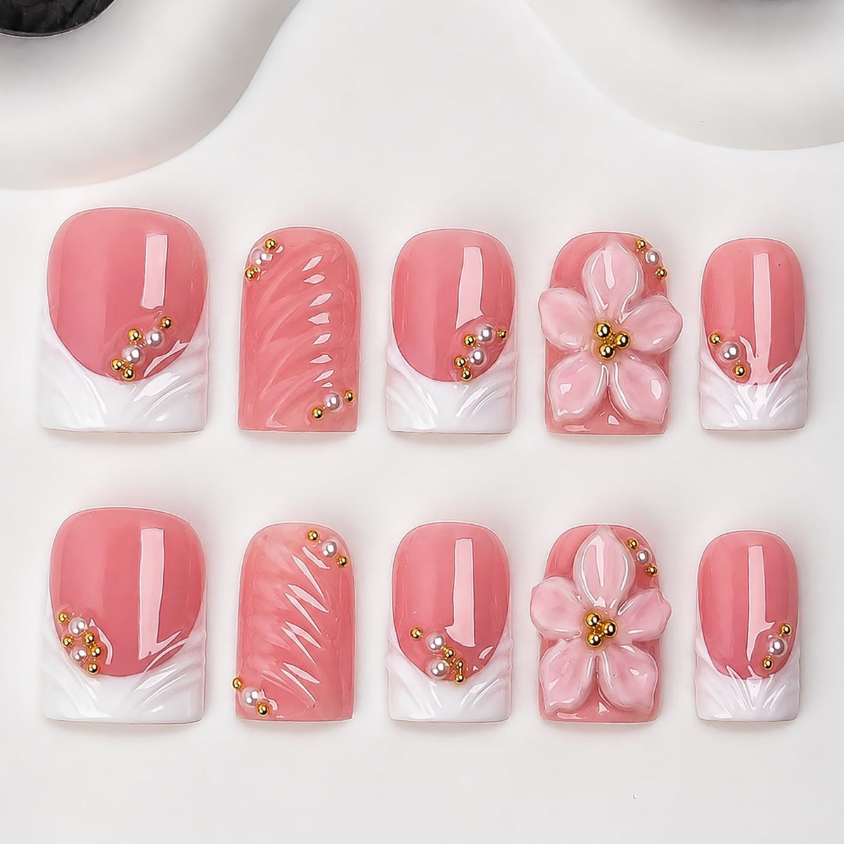 Handmade Press On Nails Short Square Nude 10PCS French Tip Fake Nails with 3D Gold Pearl Charms, Hand Painted Luxury Reusable Stick On Nails for Wedding Bridal Prom(M)