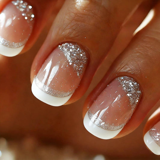 Press on Nails with Shimmer Design Glossy White French Tips Short Square False Nails Silver Glitter Fake Nail Nude Minimalist Stick on Fingernails Pink Glue on Nail for Women Bridal Daily Wear