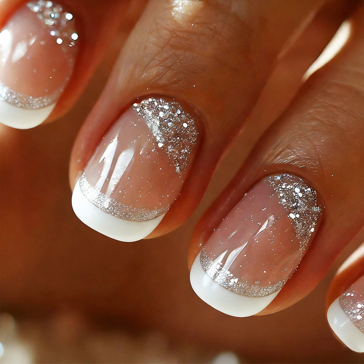 Press on Nails with Shimmer Design Glossy White French Tips Short Square False Nails Silver Glitter Fake Nail Nude Minimalist Stick on Fingernails Pink Glue on Nail for Women Bridal Daily Wear