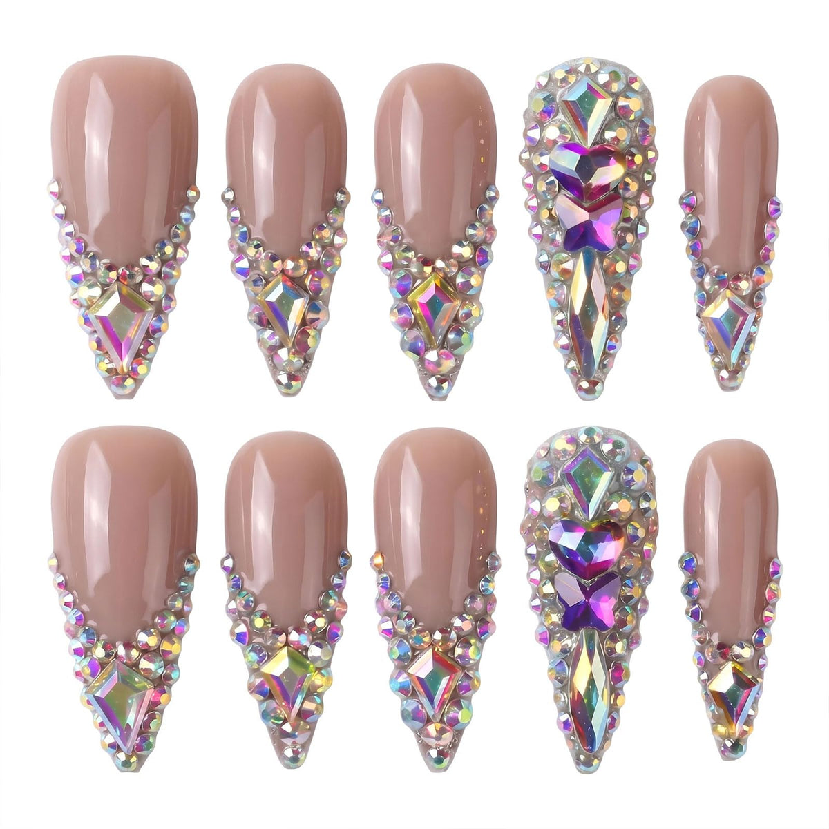 Handmade Press on Nails Long Stiletto - Liquid Gold Abstract Acrylic Fake Nails with Blue Shimmer & Colorful Gems, Luxury Reusable False Nails 10 pcs (Size M)