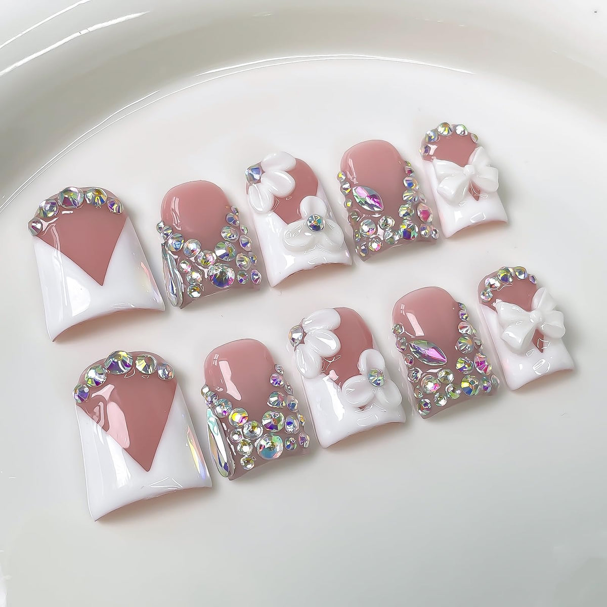 Handmade Press On Nails Short Square Nude 10PCS French Tip Fake Nails with 3D Gold Pearl Charms, Hand Painted Luxury Reusable Stick On Nails for Wedding Bridal Prom(M)