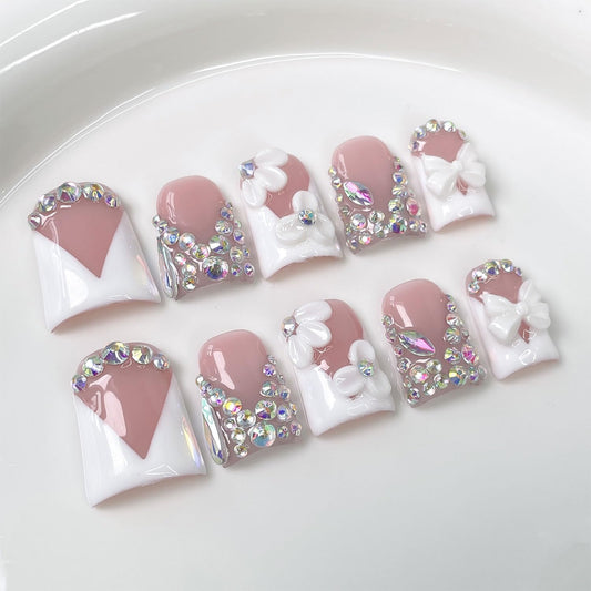 RIICFDD Medium Duck Press on Nails Rhinestone French Handmade Nails(S)